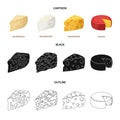 Parmesan, roquefort, maasdam, gauda.Different types of cheese set collection icons in cartoon,black,outline style vector
