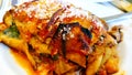 Parmigiana eggplant dish seen in detail. selective focus