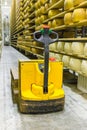 Parmigiano Cheese factory production shelves with aging cheese i