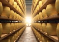 Parmigiano Reggiano in Parmesan cheese storage warehouse.Macro.AI Generative