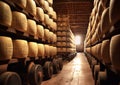 Parmigiano Reggiano in Parmesan cheese storage warehouse.Macro.AI Generative