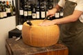 Parmigiano Reggiano Italian cheese cutting procedure Royalty Free Stock Photo