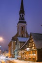 Parnu, Estonia. Night View Of Kuninga Street With Old Houses, Restaurants, Cafe, Hotels And Shops In Evening Night