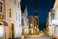 Parnu, Estonia. Night Nikolai Street With Old Houses, Restaurants, Cafe, Hotels And Shops In Evening Night Illuminations