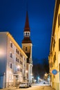 Parnu, Estonia. Night Nikolai Street With Old Houses, Restaurants, Cafe, Hotels And Shops In Evening Night Illuminations