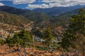 A view of the Paro valley with prayer flags in the foreground Royalty Free Stock Photo