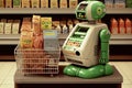 parody of typical grocery store checkout, with android robot scanning items and bagging groceries