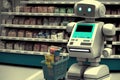 parody of typical grocery store checkout, with android robot scanning items and bagging groceries