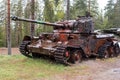 Parola, Finland - May 2, 2019: Tank Museum in the city of Parola. Tank target at the site. Armor has holes from