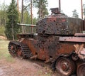 Parola, Finland - May 2, 2019: Tank Museum in the city of Parola. Tank target at the site. Armor has holes from