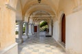 Columns and arches on the courtyard of the Byzantine Church of Agia Triada in Lefkes on Paros Royalty Free Stock Photo