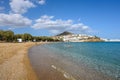 Sandy Logaras beach with azure sea water on coast of Paros island, Greece Royalty Free Stock Photo