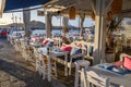 Seaside restaurant in beautiful Naoussa harbor on Paros Island. Cyclades, Greece