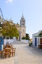 Small square with Church of Agia Triada in Lefkes village on Paros Island. Greece Royalty Free Stock Photo