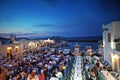 Paros, Greece, September 13 20018, tourists of various nationalities have a dinner in the charming port of Naoussa