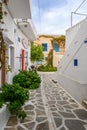 Traditional Greek architecture in beautiful Parikia Old Town on Paros island. Cyclades, Greece Royalty Free Stock Photo
