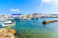 A view of Naoussa port with traditional fishing boats, Paros island, Cyclades, Greece