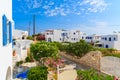 View of street with typical Greek houses in Naoussa town, Paros island, Greece Royalty Free Stock Photo