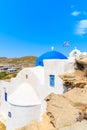 White traditional Greek church in Monastiri bay on Paros island, Greece Royalty Free Stock Photo