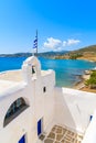 White traditional Greek church on Monastiri beach, Paros island, Greece Royalty Free Stock Photo