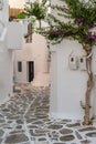 Paros island, Greece. Naousa old town. Whitewashed building, empty narrow cobblestone alley Royalty Free Stock Photo