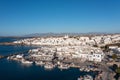 Paros island, Naousa cityscape aerial drone view. Greece, Cyclades