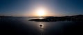 Paros island, Yacht anchored at open sea at sunset, panoramic aerial drone view. Greece,  Cyclades Royalty Free Stock Photo