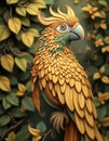 A parot with golden and teal feathers, feathered crest,  leafy background Royalty Free Stock Photo