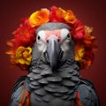 Vibrantly Surreal African Grey Parrot With Floral Crown