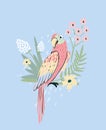 Parrot background with flowers and palm leaf. Cute illustration.