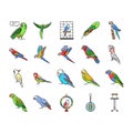 parrot bird blue animal tropical icons set vector