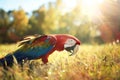 parrot biting the edge of a tricorn pirate hat in a sunny field