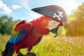 parrot biting the edge of a tricorn pirate hat in a sunny field