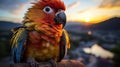 The parrot in the bright light of sunset, against the backdrop of mountains and lagons, creates a Royalty Free Stock Photo