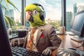 A parrot in a business suit with headphones working at a computer. Telemarketing concept Royalty Free Stock Photo