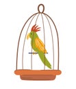 Parrot in a cage. Tropical bird macaw. Exotic wild creature with yellow feather. Poultry. Hand drawn vector illustrations Royalty Free Stock Photo