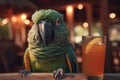 Parrot enjoying a drink at the bar counter. Generative AI image.