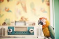 parrot in front of a radio, listening intently