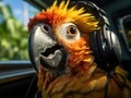 Parrot with headphones bobbing head in motion