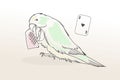 Parrot holds playing card in its beak. ACE of hearts. Gambling. Talking bird. Vector.