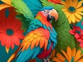 a colorful parrot in a flowers kirigami art