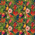 Parrot macaw, birds and flowers, watercolor illustration. Tropical seamless pattern. Floral background, digital paper Royalty Free Stock Photo