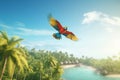 Parrot macaw flying tropical island. Generate Ai