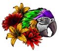 Parrot, macaw, watercolor, hibiscus, bird, jungle vector
