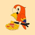 A parrot mascot eats nachos. Mexican nachos chips fast food snack