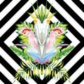 Parrot mirror tropical leaves black white geometric background