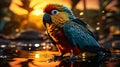 A parrot with multi colored wings, against the background of sunset, where a reflection of beautif Royalty Free Stock Photo