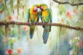 parrot pair whispering in a lush, green canopy
