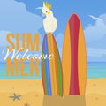 Parrot paradise beach banner vector illustration. Summer welcome. Birds sitting on surfing board. Wildlife of jungle and Royalty Free Stock Photo