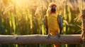 Colorful Parrot Sitting On Wooden Post In Lush Field